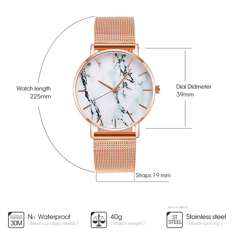 Luxurious Rose Gold Mesh Band Marble Women's Wrist Watch