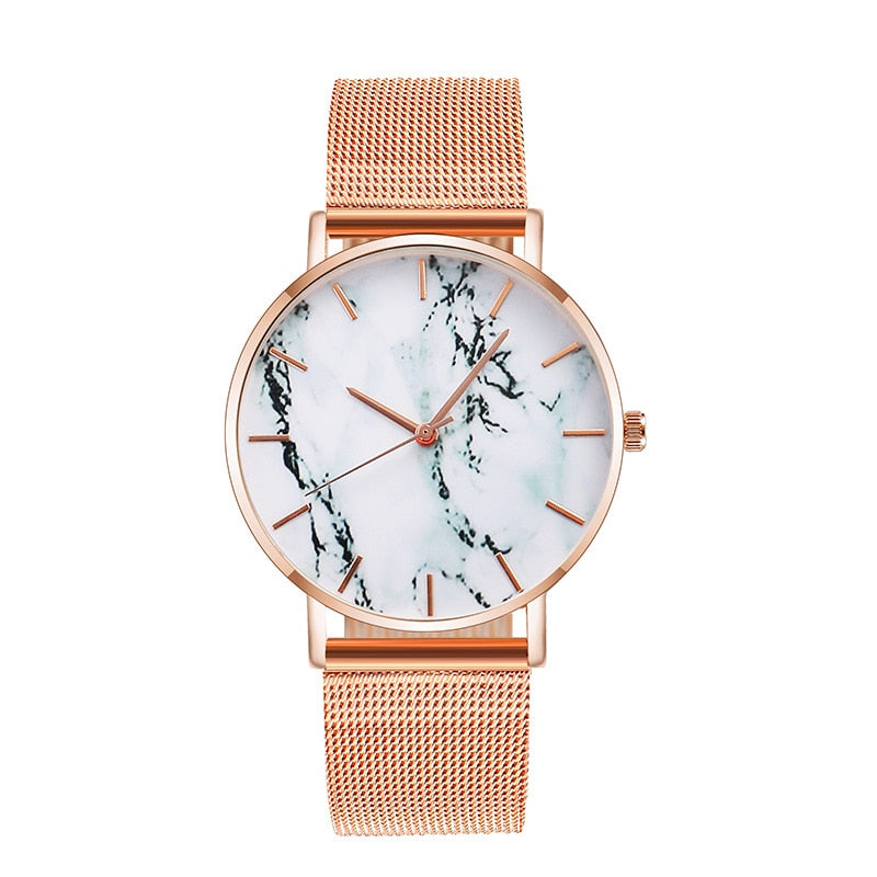 Luxurious Rose Gold Mesh Band Marble Women's Wrist Watch