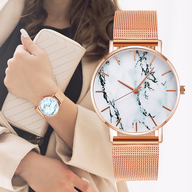 Luxurious Rose Gold Mesh Band Marble Women's Wrist Watch